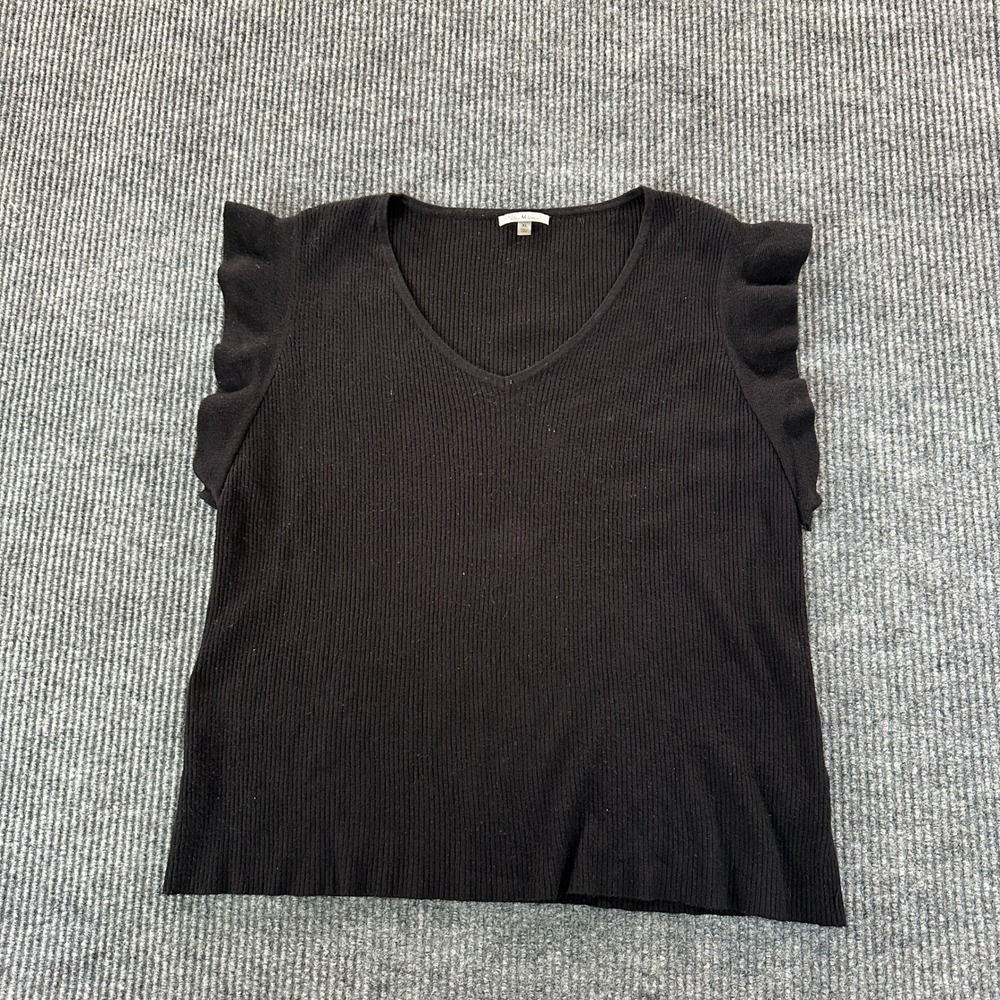 Vila Milano Women Ruffle Sleeve Ribbed Knit Top XL Black V-Neck Flutter Shoulder